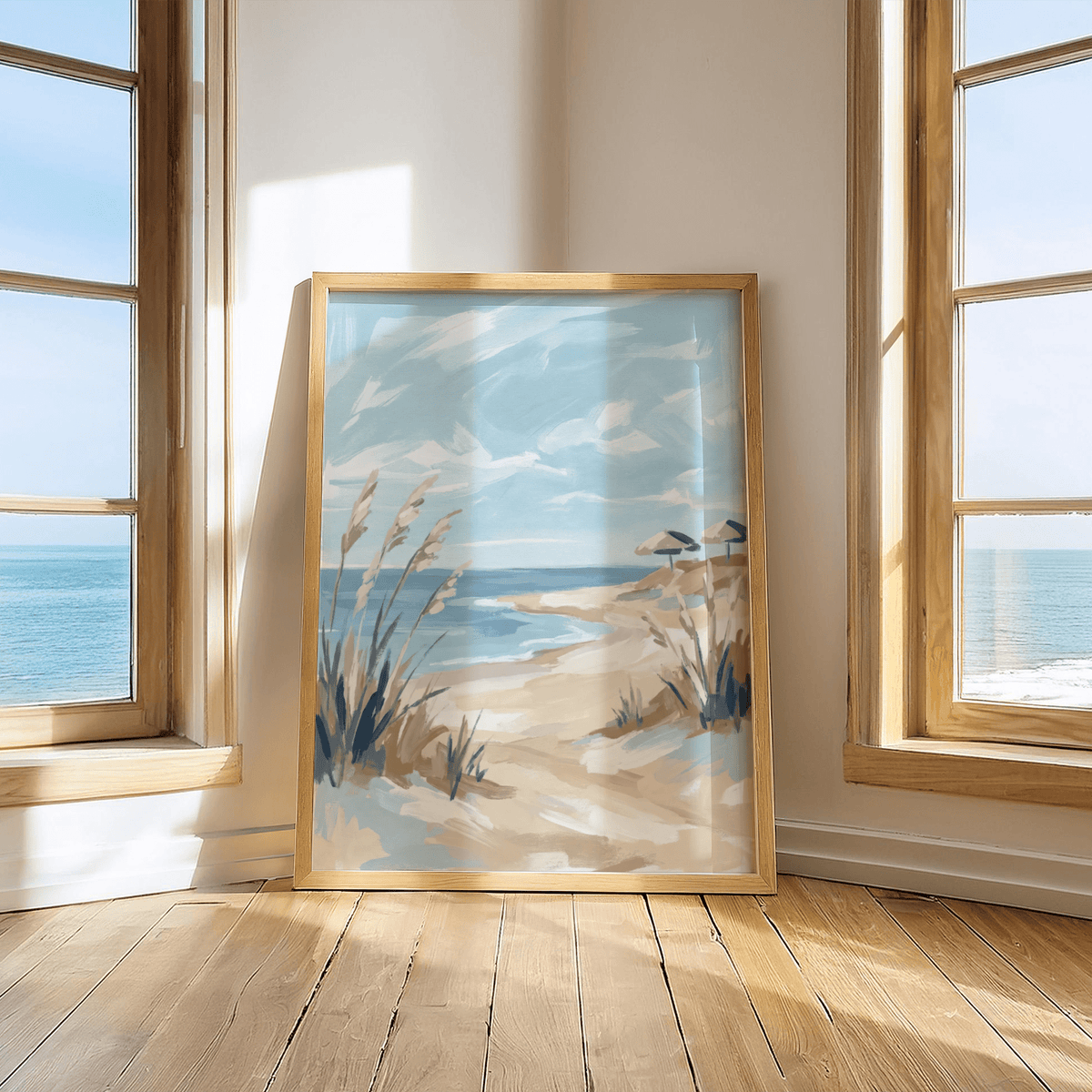 Beach Landscape Art Print Blue and Beige for serene living area