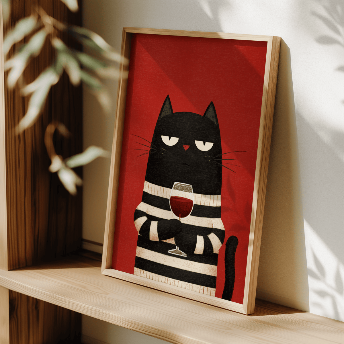Cat Wine Art Print blending Red, Beige, Black for entryway wall art