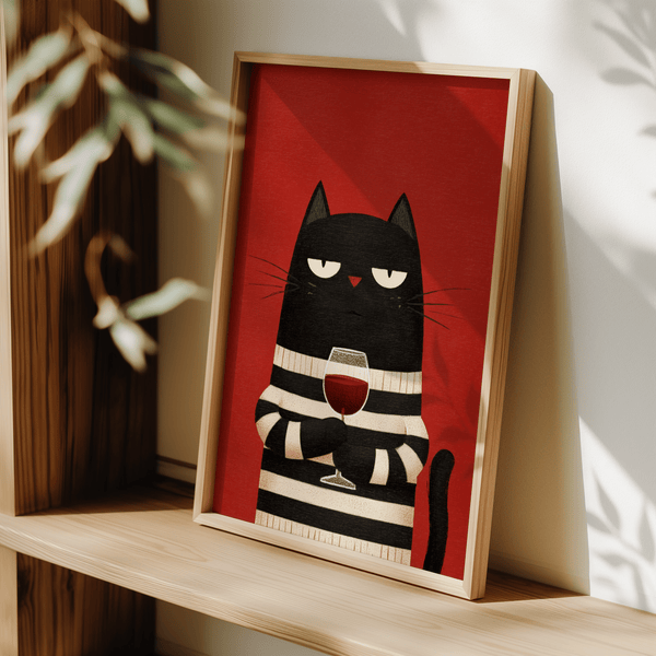 Cat Wine Art Print blending Red, Beige, Black for entryway wall art