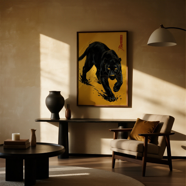 Panther Art Print in black and yellow for creative studio wall art