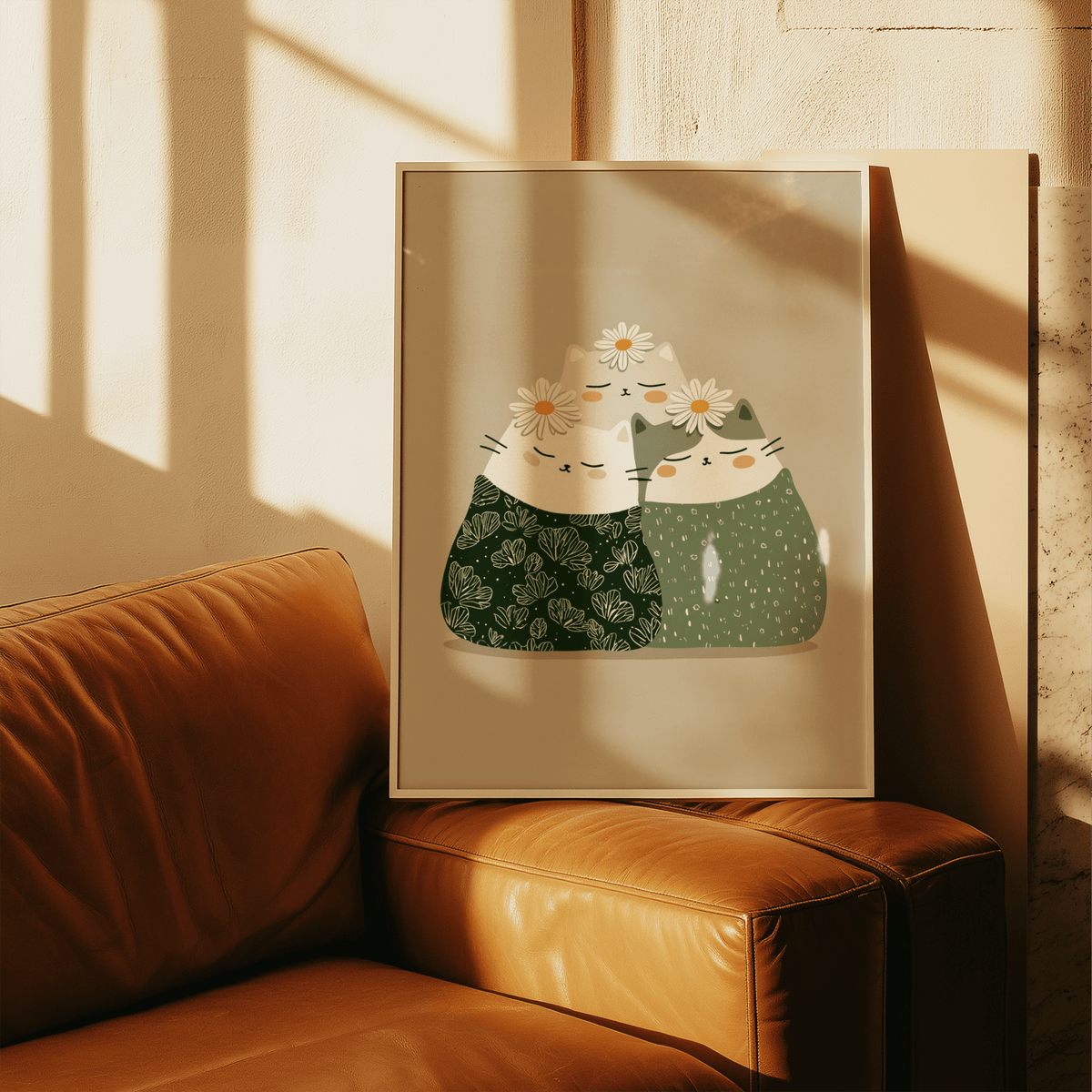 Floral pattern Illustrated Cat Wall Art for kids' room in soft Green, Beige, White