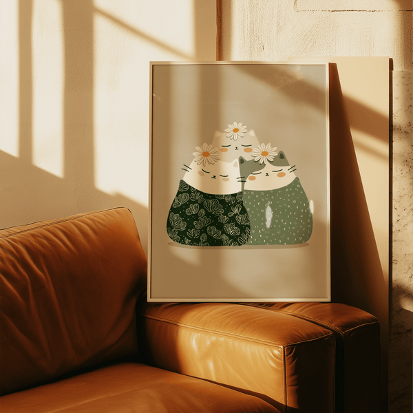 Floral pattern Illustrated Cat Wall Art for kids' room in soft Green, Beige, White