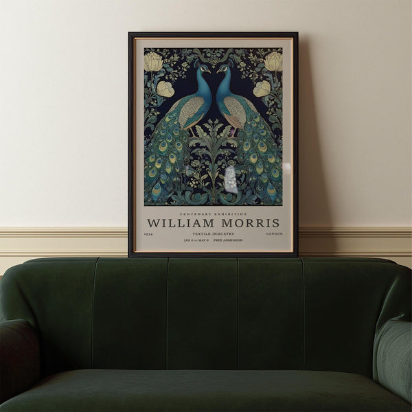 Peacock wall print with botanical background and green-blue feathers in vintage style.