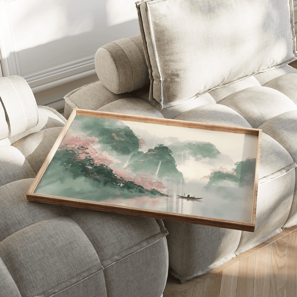 Mountain Landscape Art Print showcasing pink and green for serene entryway poster