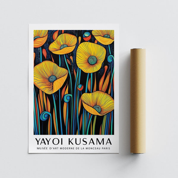 Poppies Wall Art featuring blue stalks and graphic floral elements.