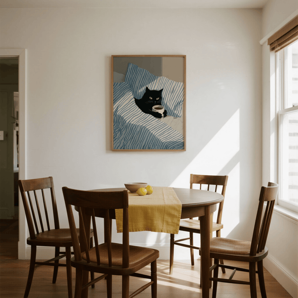 Cat In Bed Poster showing black cat on blue striped bedding for cozy decor