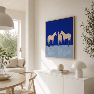 Spotted horse wall art print featuring negative space and a horizontal horizon line