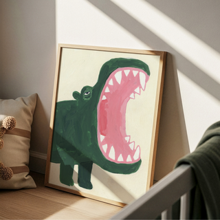 Close-up crocodile poster showing oversized pink mouth and sharp white teeth