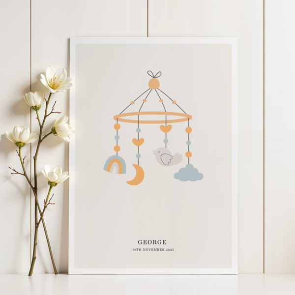 Personalised Baby Poster gray and beige tones for nursery wall art