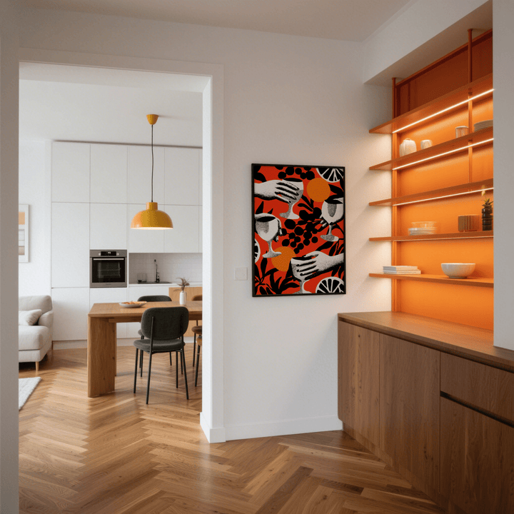 Abstract Drink wall art with hands holding cocktail glasses in black white and orange on a wall near wooden shelves