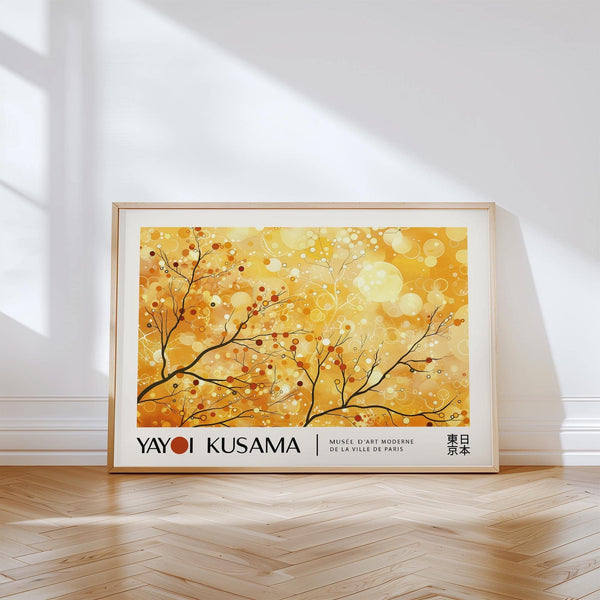 Horizontal layout landscape poster in serene Kusama art style