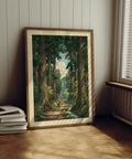 Illustrated woodland poster with layered shading, vertical trunks, and an open view toward mountains