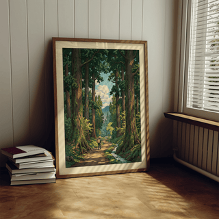 Illustrated woodland poster with layered shading, vertical trunks, and an open view toward mountains