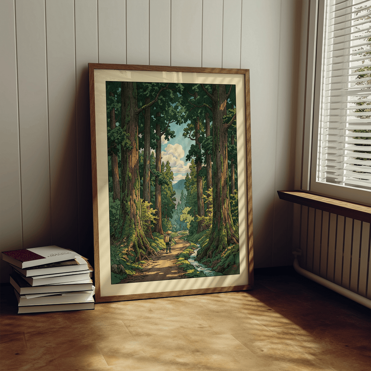 Illustrated woodland poster with layered shading, vertical trunks, and an open view toward mountains