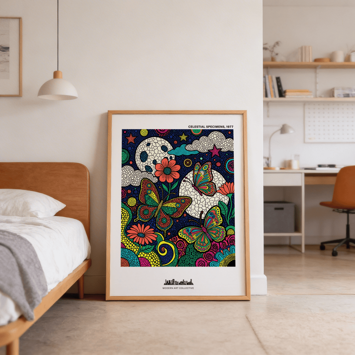 Close-up of star icon and curved vine on multicolored butterfly illustration