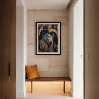 Decorative wall art print with face-to-face portraits, long flowing hair, and intricate jewelry in mosaic styling