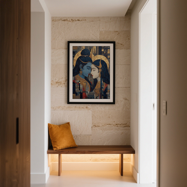 Decorative wall art print with face-to-face portraits, long flowing hair, and intricate jewelry in mosaic styling