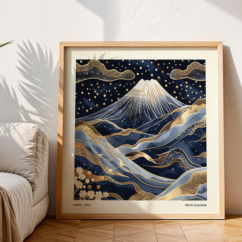 Kusama-inspired Japanese landscape featuring Mount Fuji.