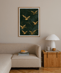 Presenting decorative crane wall art poster with layered ribbon bands and negative space