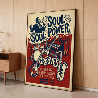 Showcasing Soul Music Art Print with “Detroit Jazz & Blues Festival” date text and music notes