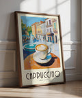 Watercolor Kitchen Art with cappuccino and Italian town square