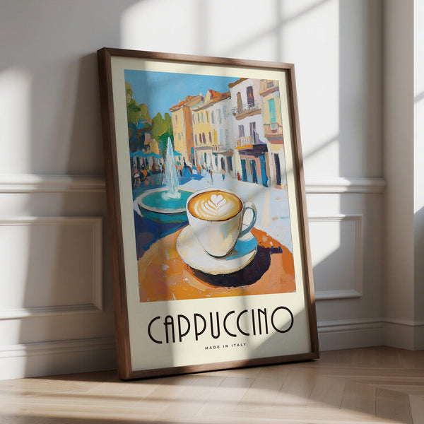 Watercolor Kitchen Art with cappuccino and Italian town square