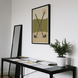 Illustrated golf wall art print with detailed club faces near the bottom edge