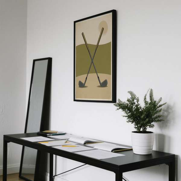 Illustrated golf wall art print with detailed club faces near the bottom edge