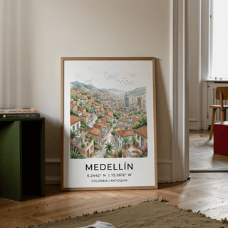 Medellin City Art Print poster displaying city coordinates beneath illustration