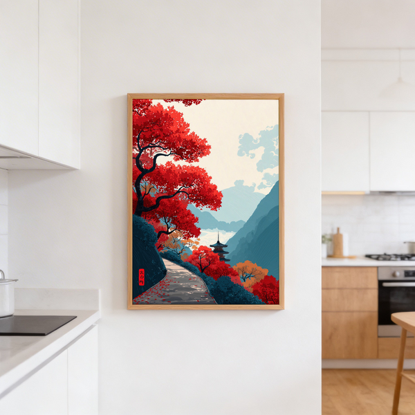 Illustrated landscape poster featuring curving road through peaks