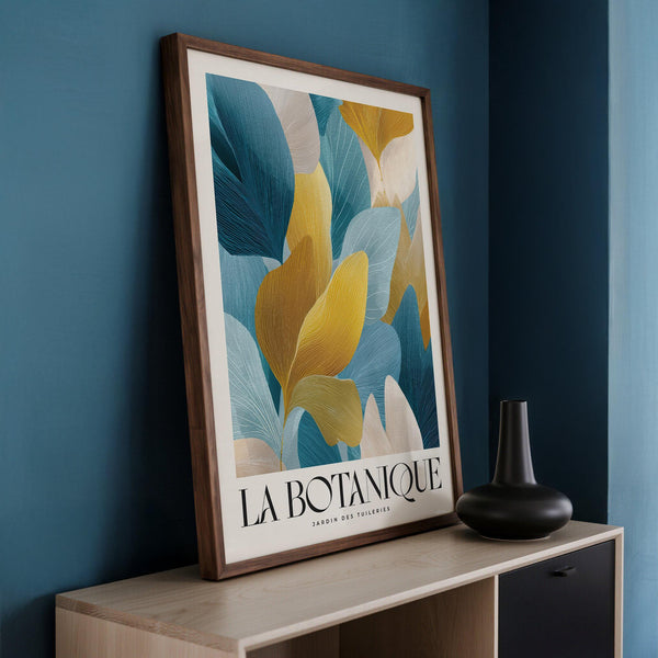 Modern botanical poster, luxurious wall art in gold and blue