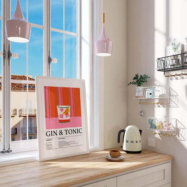 Cheerful kitchen art of a cocktail glass set against a bold backdrop.