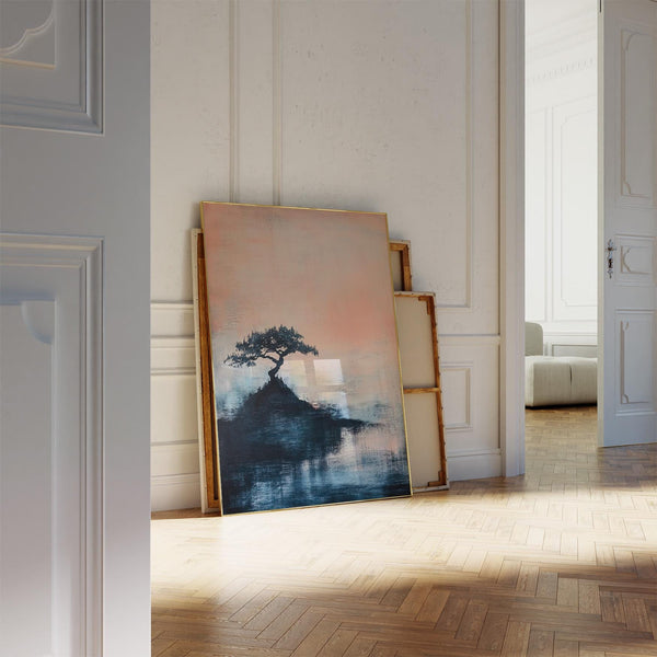 Dreamy Japanese abstract art with pastel background and dark organic forms.