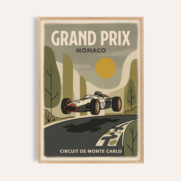 Vintage Monaco Grand Prix poster art with open-wheel car number 15 on curved coastal track
