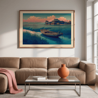 Hasui Kawase river boat poster showing quiet waterway and village