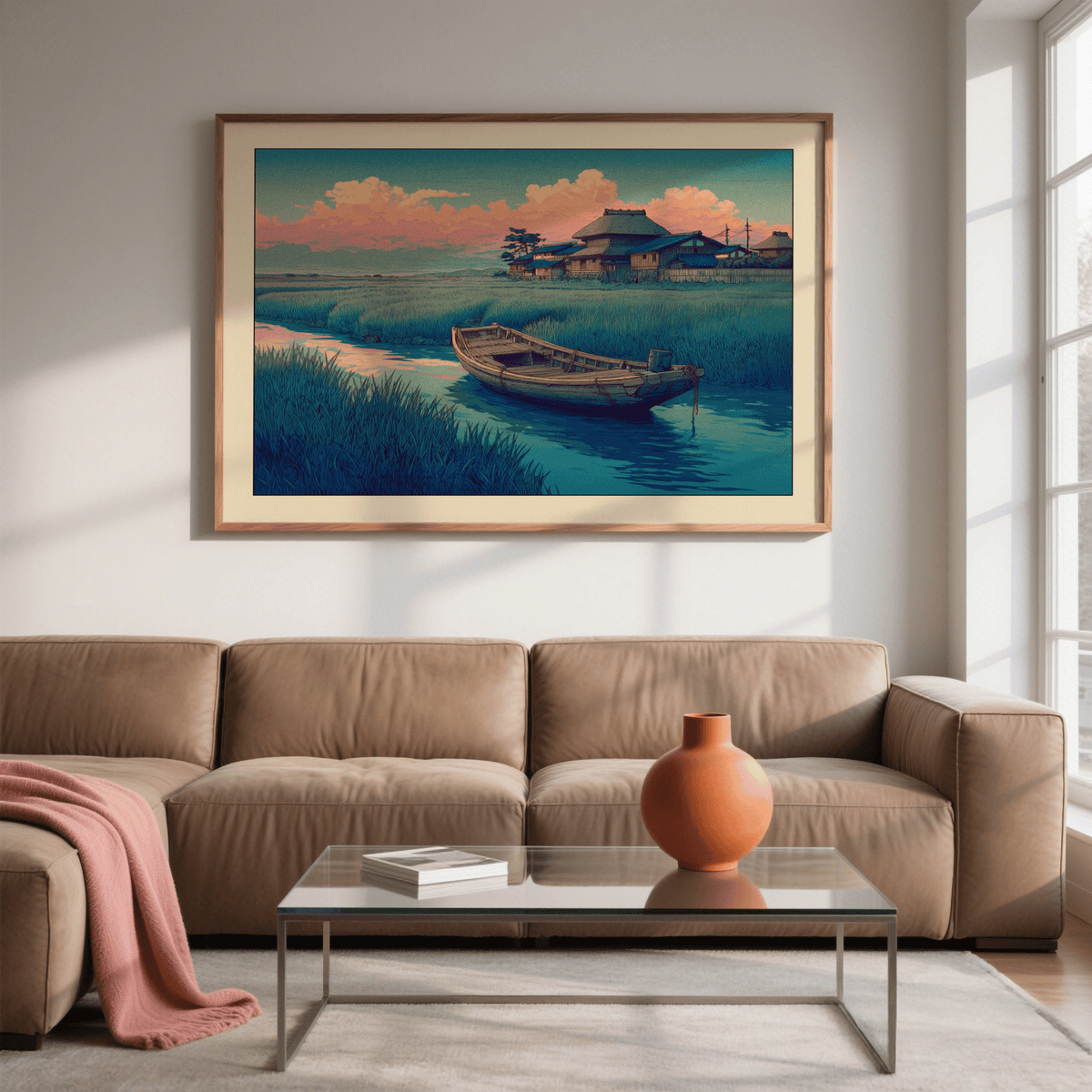 Hasui Kawase river boat poster showing quiet waterway and village
