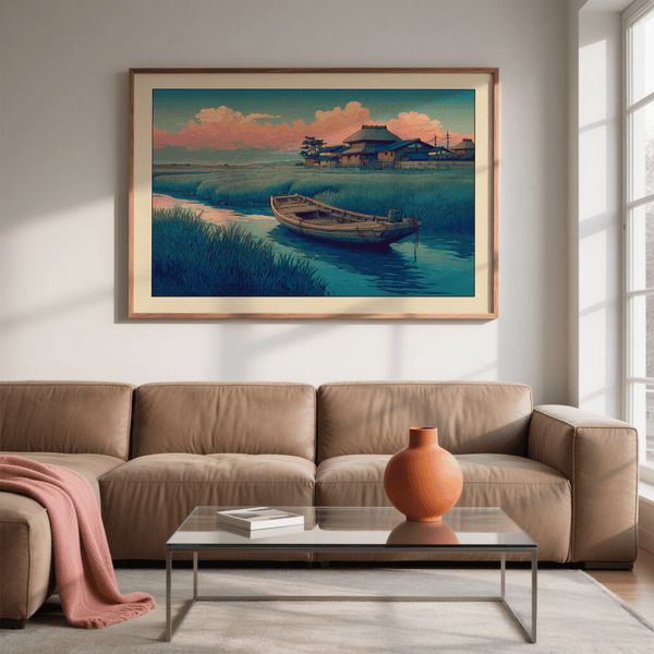 Hasui Kawase river boat poster showing quiet waterway and village