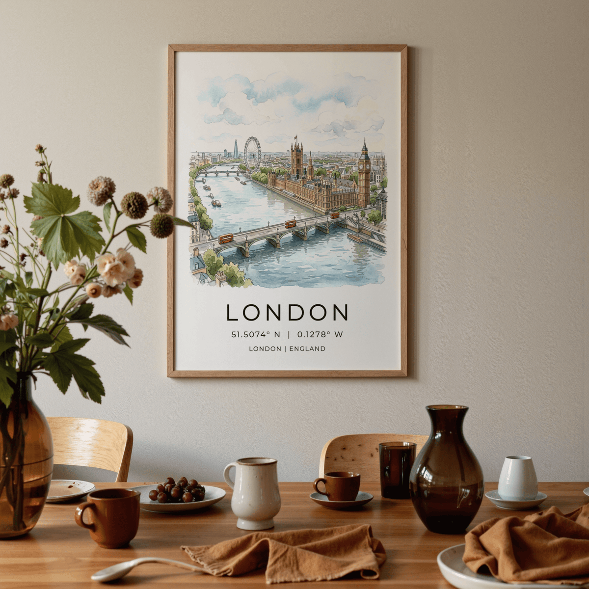 Landscape London Cityscape Print showing Westminster Bridge and red buses