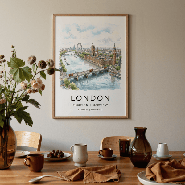 Landscape London Cityscape Print showing Westminster Bridge and red buses