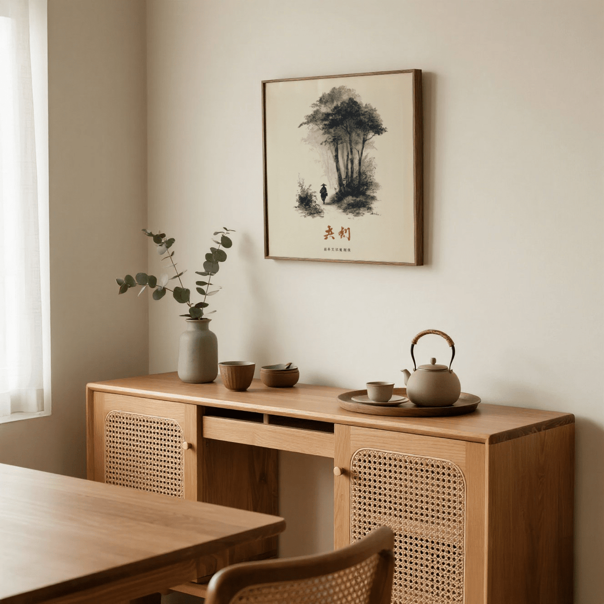 Gray and White Asian Ink Art art print for bedroom decor