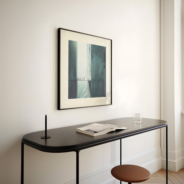 Dreamlike abstract artwork with figures walking between skyscrapers