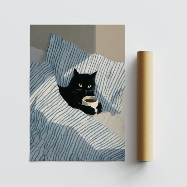 Modern Cat In Bed Poster featuring blue, white, and black for reading nook wall art