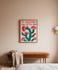 Vintage Mexican Wall Art poster with desert cactus and pink blossoms.