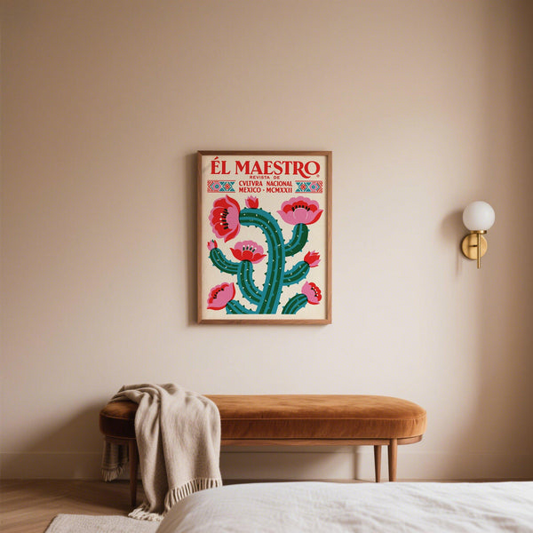 Vintage Mexican Wall Art poster with desert cactus and pink blossoms.