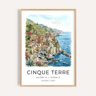 Cinque Terre Art Print featuring watercolor cliffside village and calm harbor