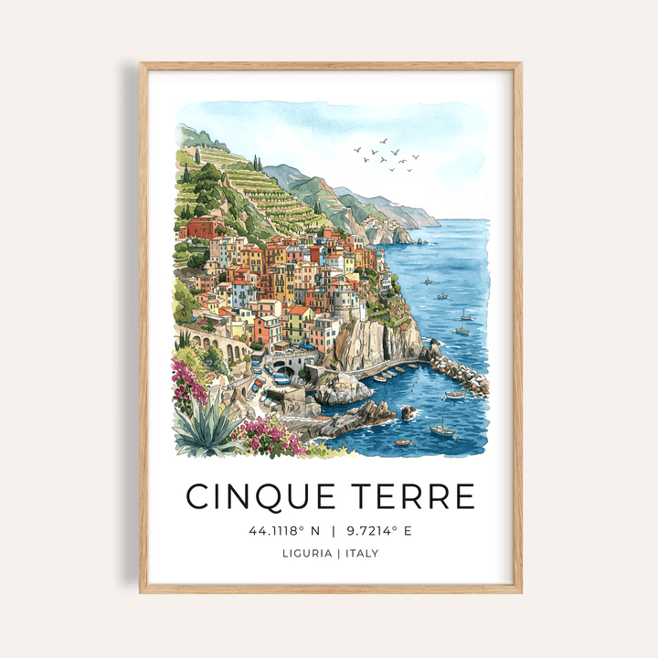 Cinque Terre Art Print featuring watercolor cliffside village and calm harbor