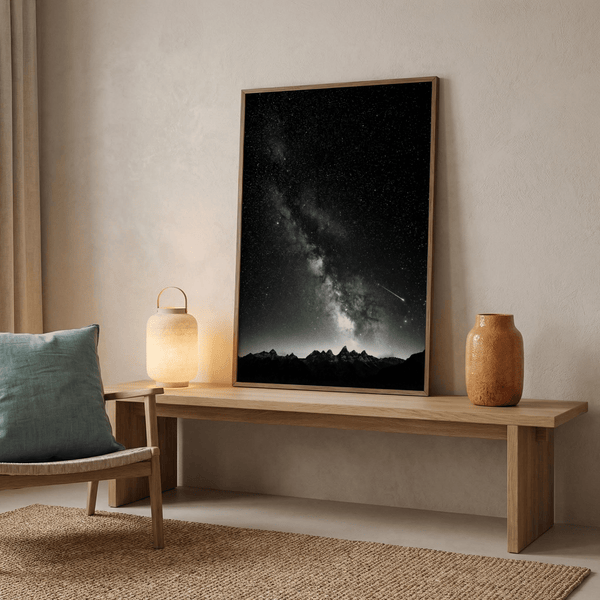 Space photography wall art capturing broad Milky Way band amid scattered stars in negative space