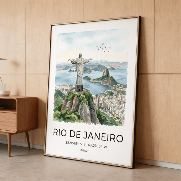 Panoramic travel wall art print with Sugarloaf-like peak, islands, and birds in sky