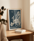 Stylish Europe Map Print in white and blue for contemporary home office