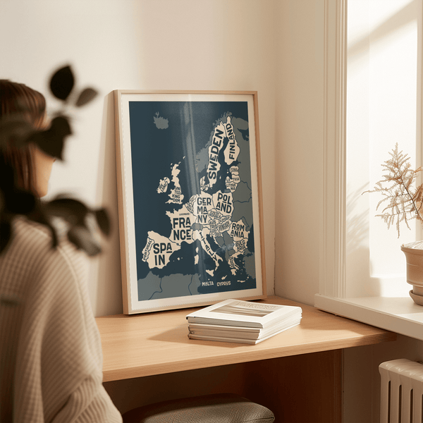 Stylish Europe Map Print in white and blue for contemporary home office